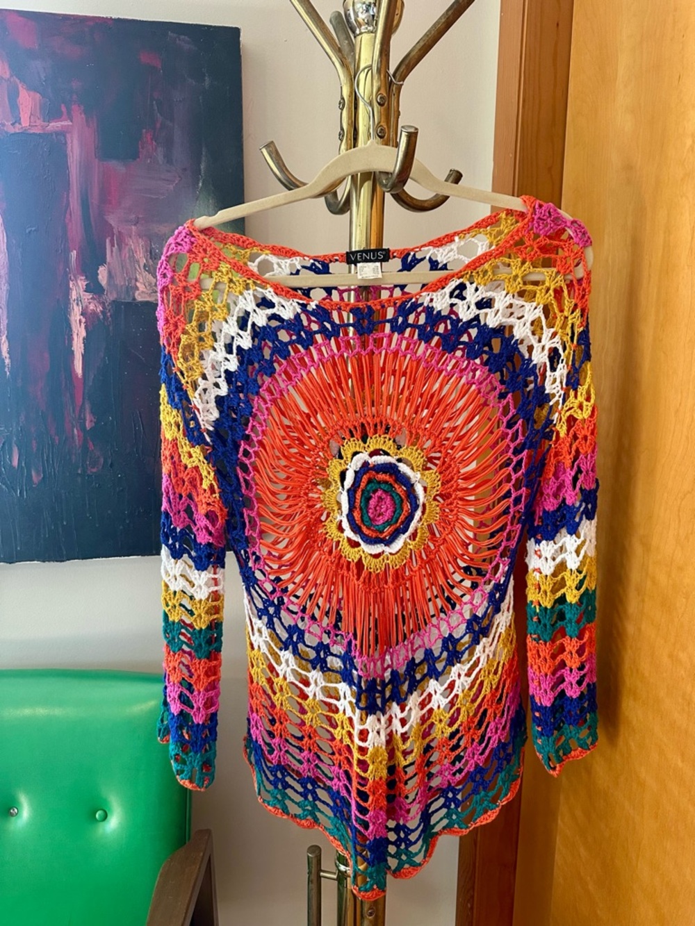 VENUS Multicolor Crochet Open-Knit Top with Bright Orange Medallion